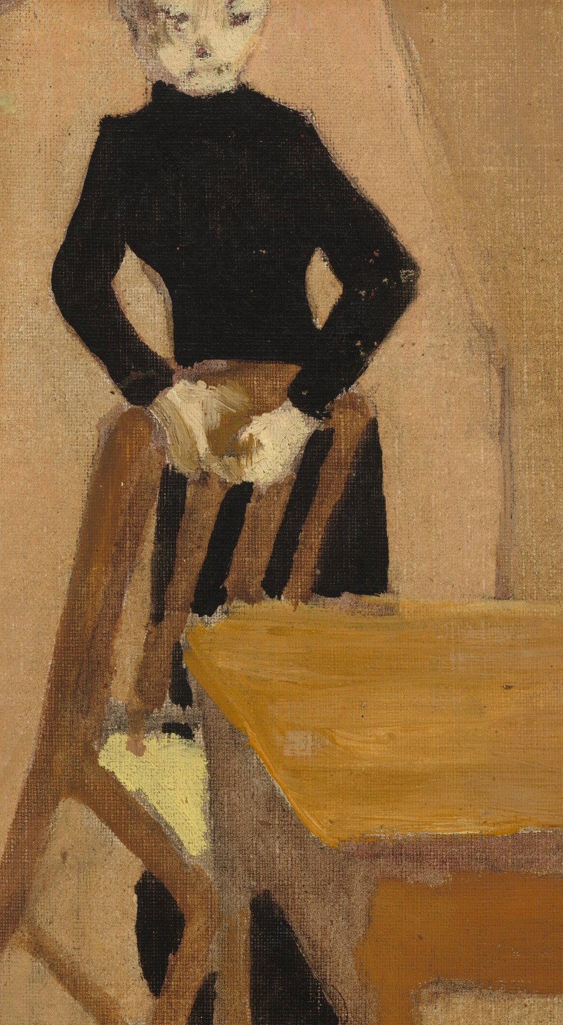 Her stark black attire and direct gaze create a strong, almost confrontational presence, hinting at a reserved or perhaps judgmental character.