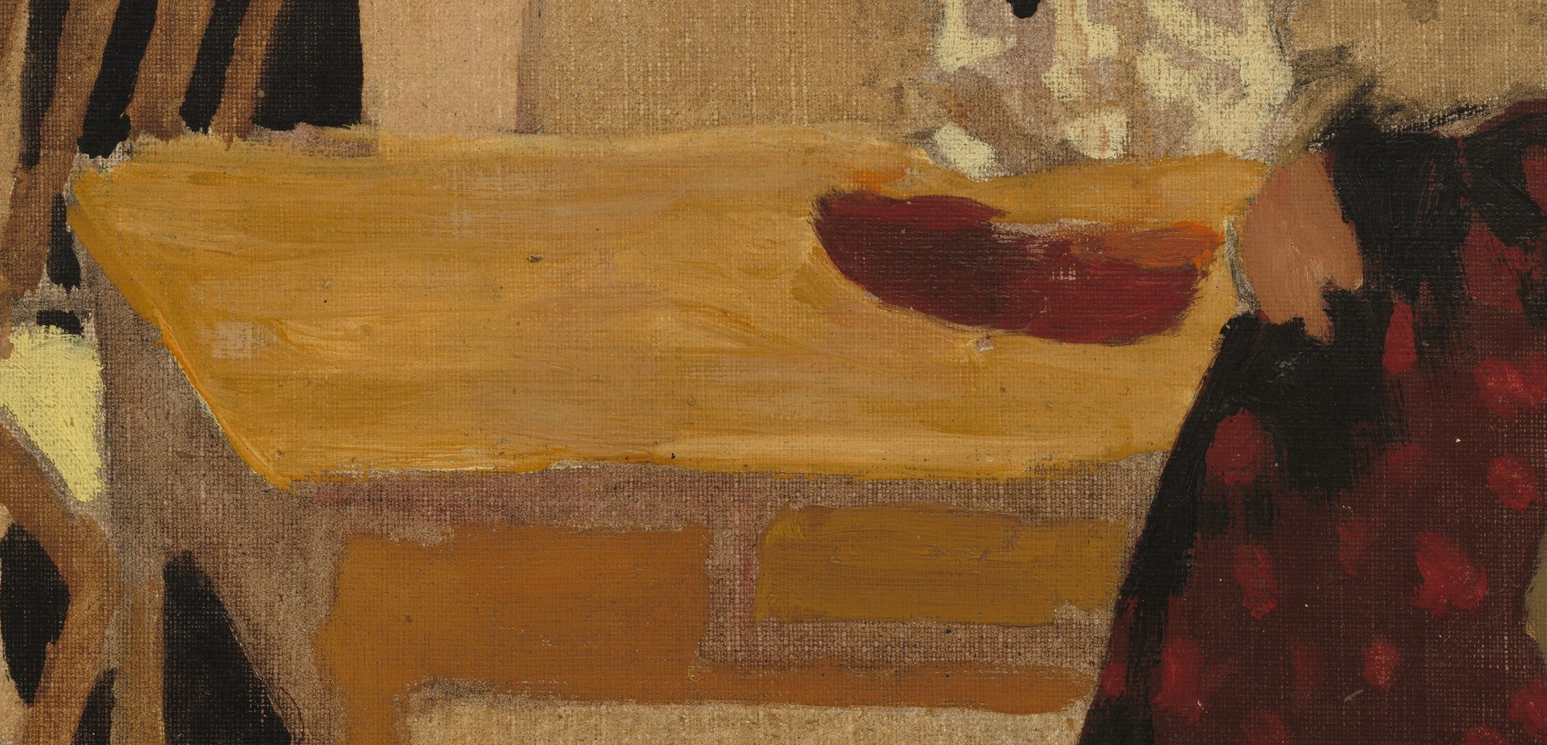 The dominant yellow table grounds the entire scene.