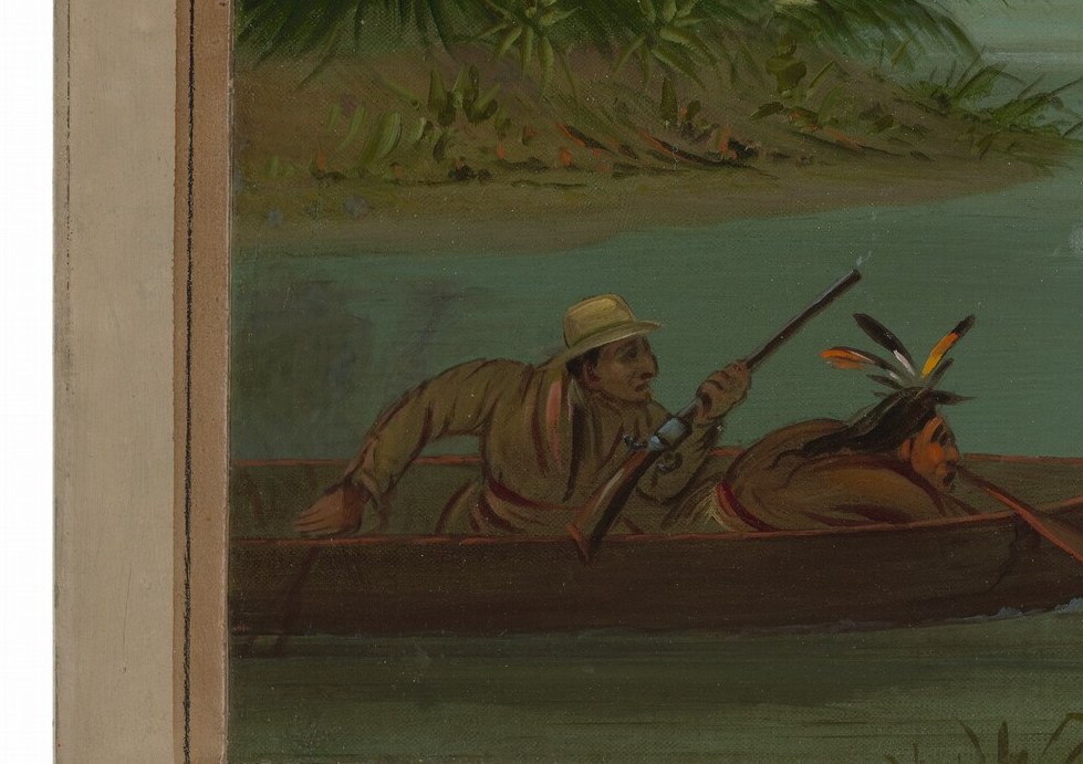 A small hunting boat floats quietly on the water.