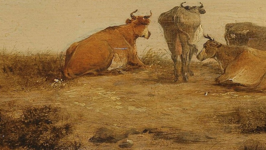 Two cows rest on the bank, soft in the warm light.
