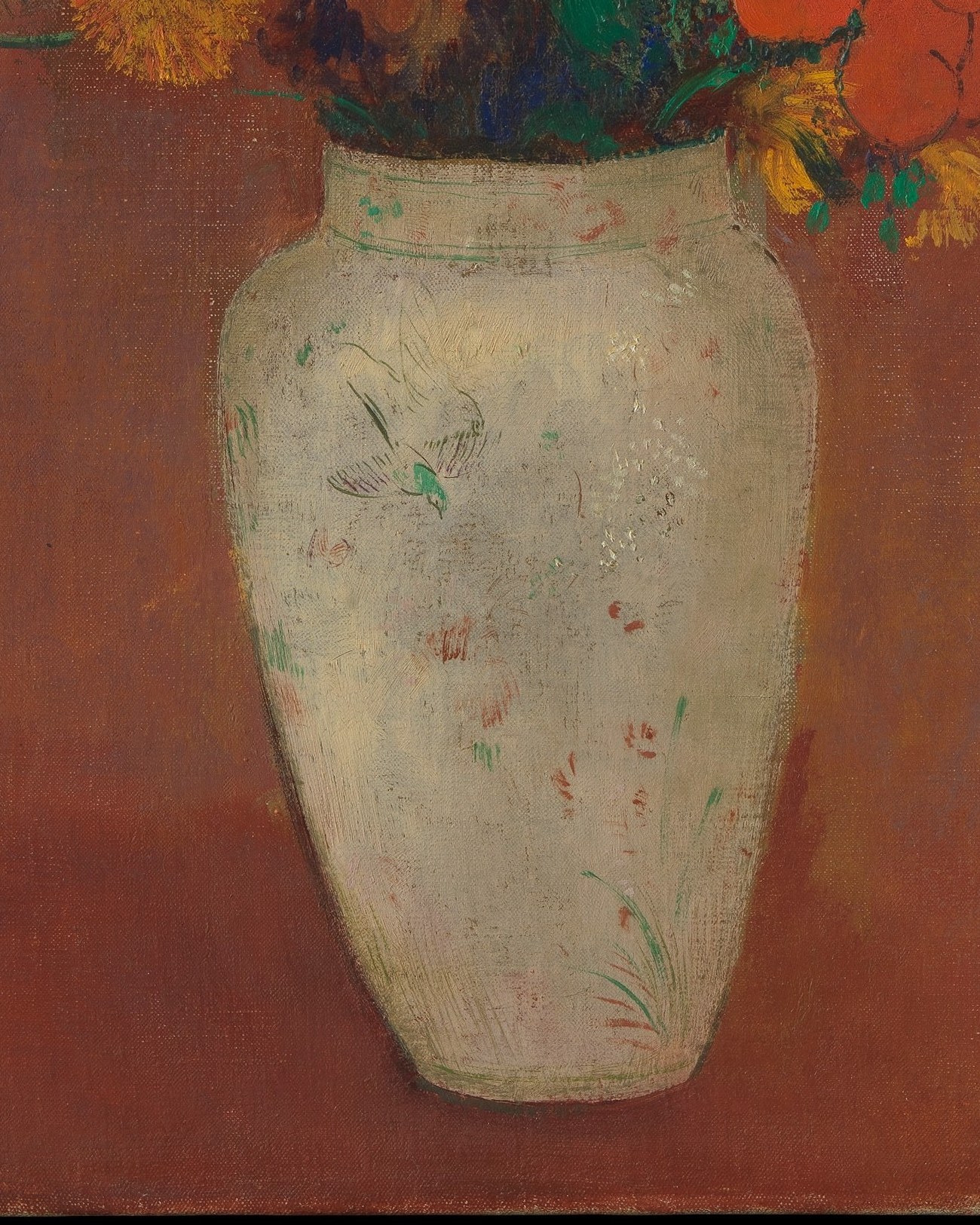 Look closely at the plain white vase.