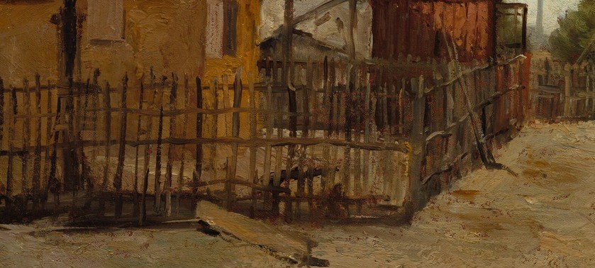 The fence encloses the active site, suggesting a boundary between the public space and the industrial work.