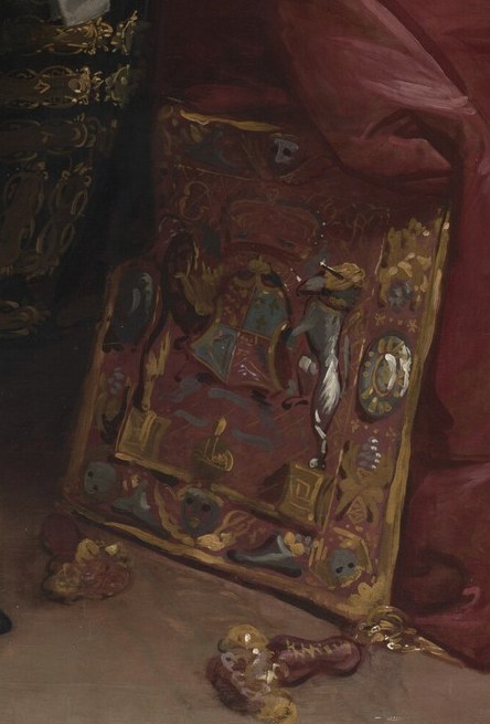 The rich textile and intricate patterns suggest a formal setting and further emphasize his rank.