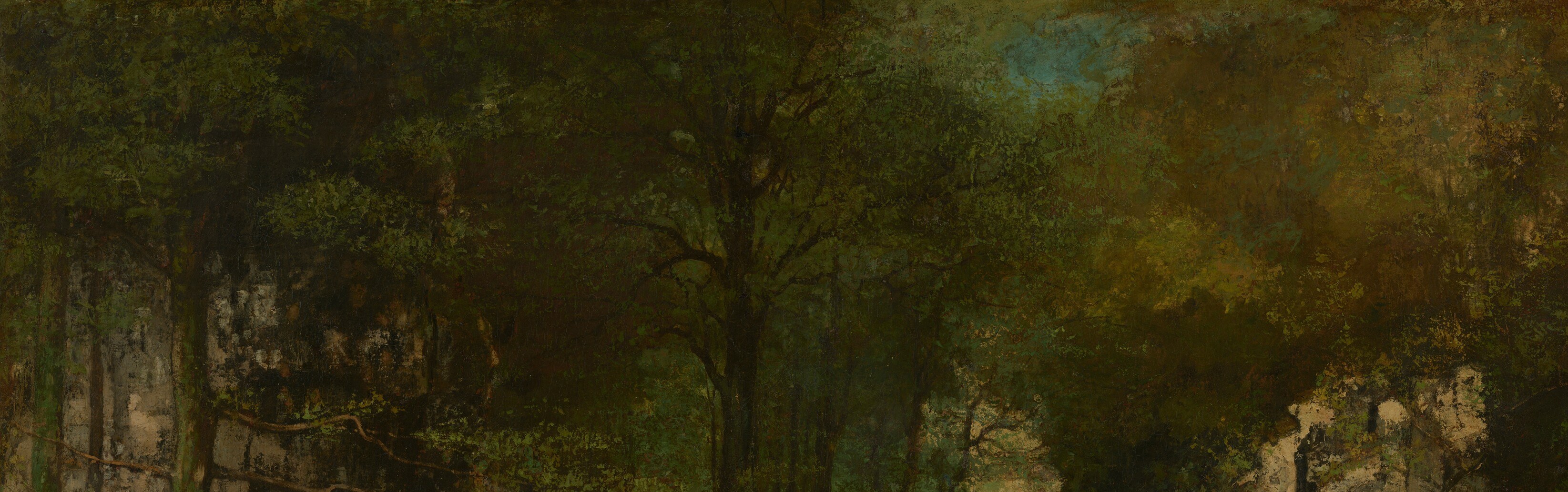 The canopy nearly seals out the sky; the resulting forest gloom is less a mood than a meteorological fact , Courbet painting what he saw, not what he felt.