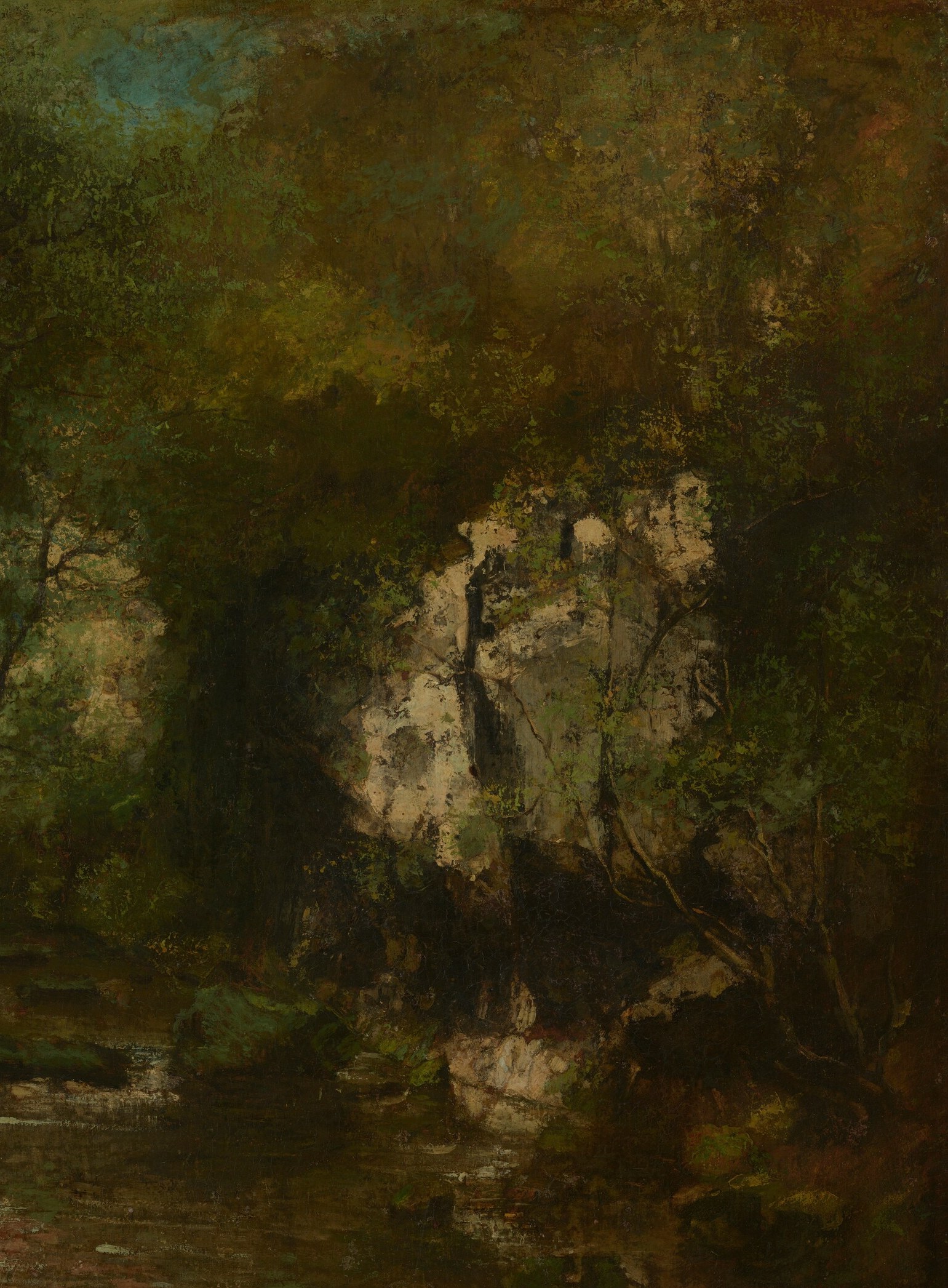 The exposed rock strata reveal geological time layered into the canyon wall; Courbet's palette knife work makes it almost tactile.