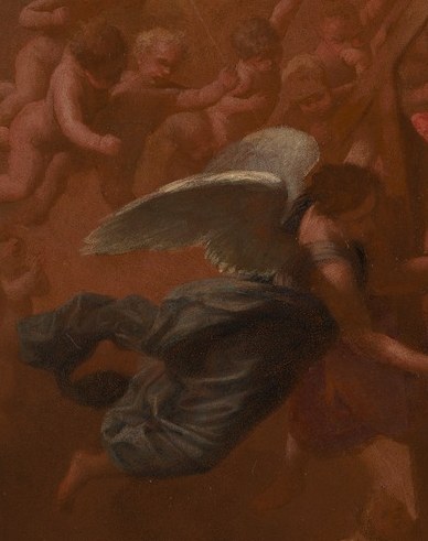 An angel hovers above, a divine presence in his darkest hour.