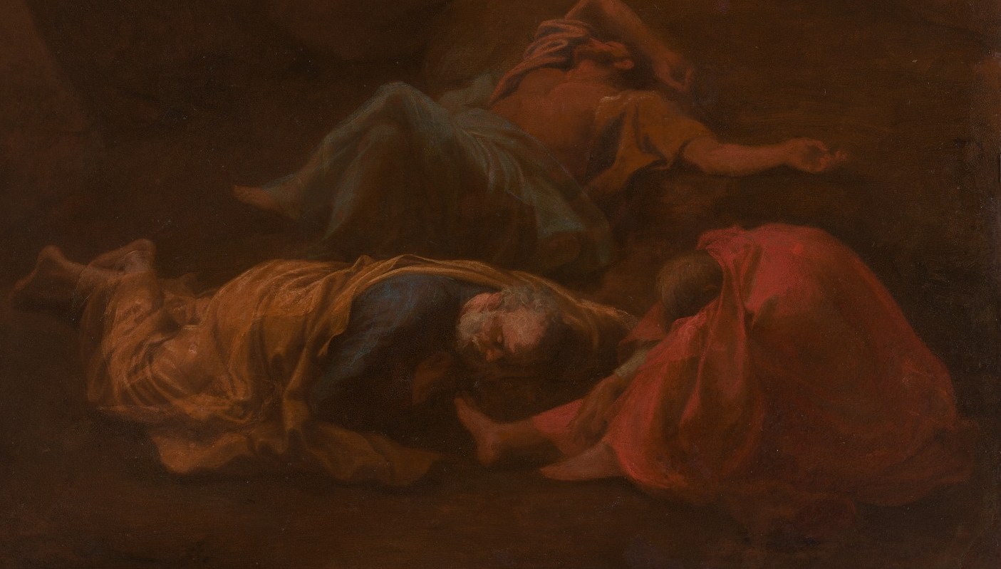 He is surrounded by his disciples, asleep in their human weakness.