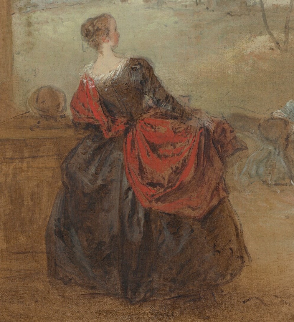Her posture and the rich fabric of her dress suggest elegance and a moment of repose.