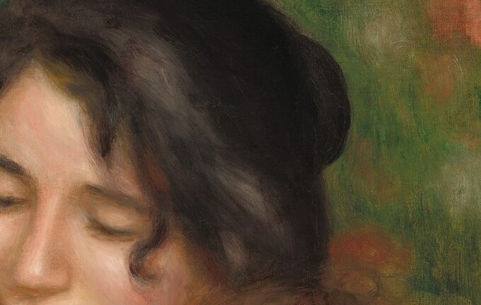 The loose golden curls are rendered with the same soft brushwork as the foliage above , child and garden rhyme visually, as if he belongs to that world.