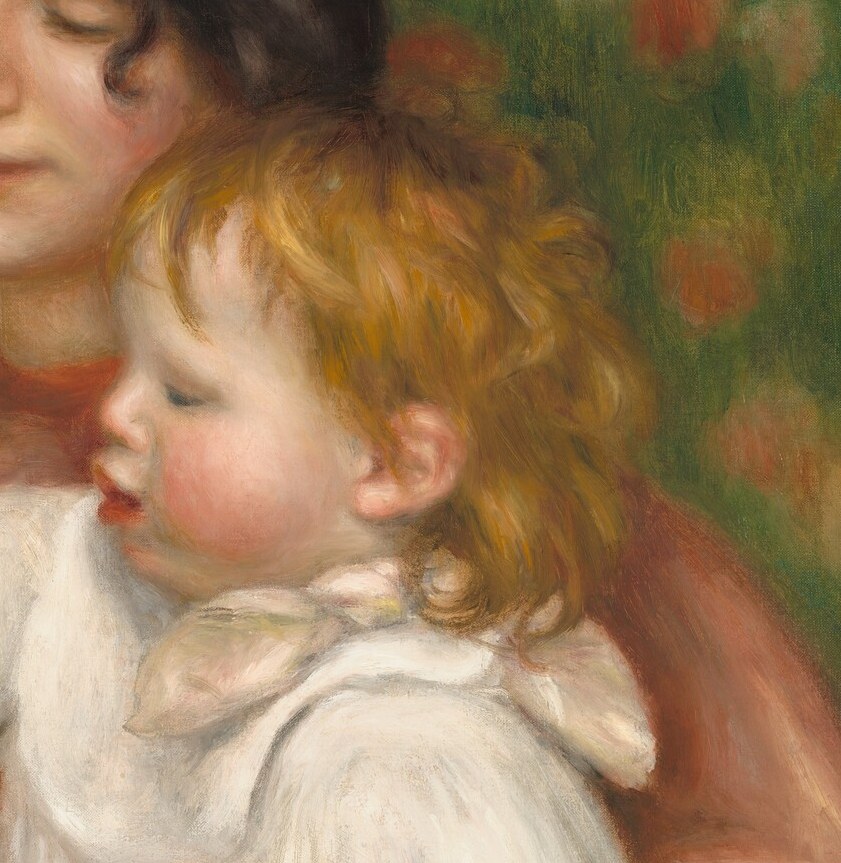 Renoir's signature chromatic punch: the chair's saturated red pushes the child forward and warms the entire right half of the canvas.