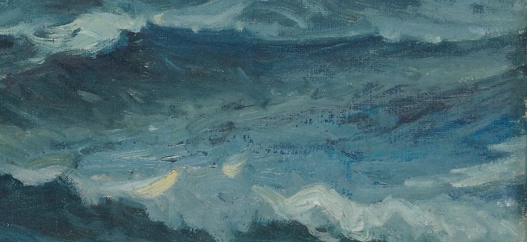 The energetic brushstrokes convey the fleeting moment of an unsettled ocean.