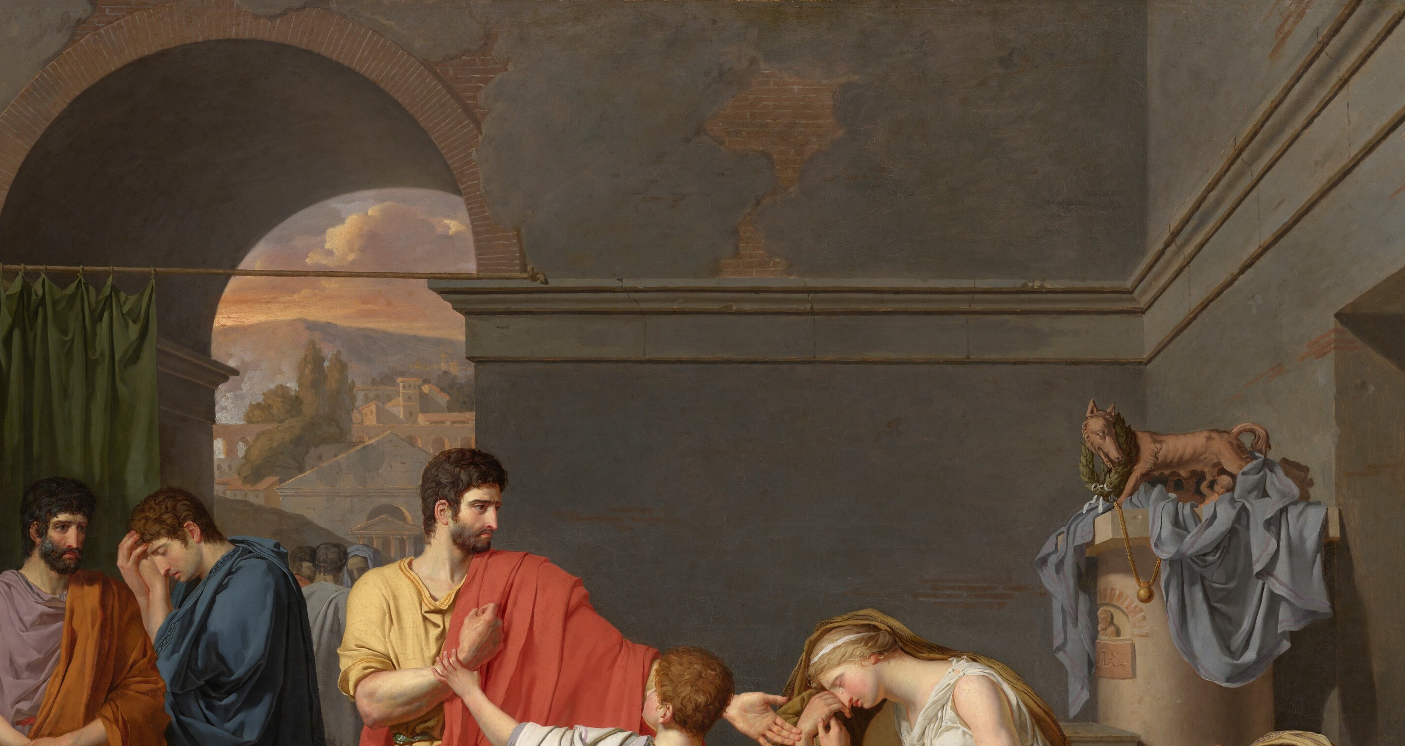 The architectural frame stages this farewell like a proscenium, giving the scene a theatrical solemnity rooted in antiquity; Girodet follows David in using architecture to elevate history.