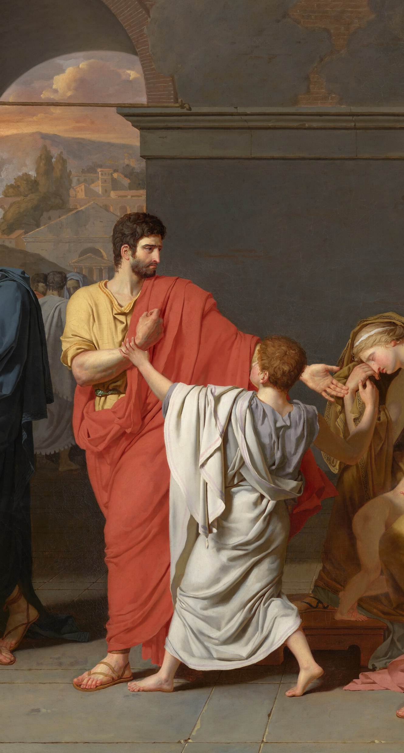 A virtuoso Neoclassical drapery passage , the brilliant white isolates the hero visually and signals moral purity even in disgrace; Girodet at 18 already mastering David's language.