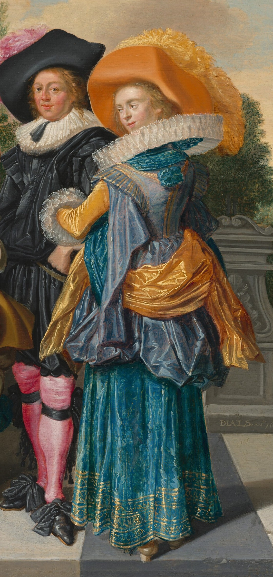 Her elaborate hat and rich attire, along with her direct gaze, make her a focal point of fashion and social status.