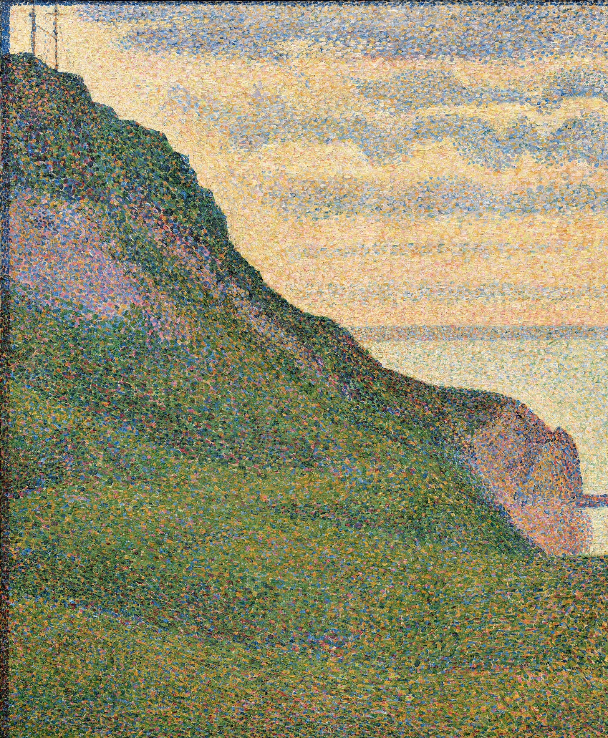 The compositional anchor , its diagonal sweep from upper-left to lower-center creates the entire drama of depth and scale; the pointillist texture is most visible here.