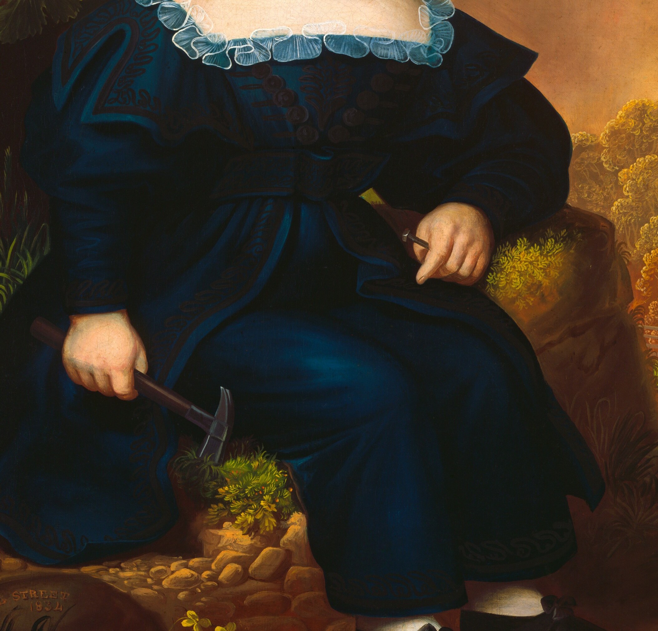Notice the rich dark blue velvet dress.
