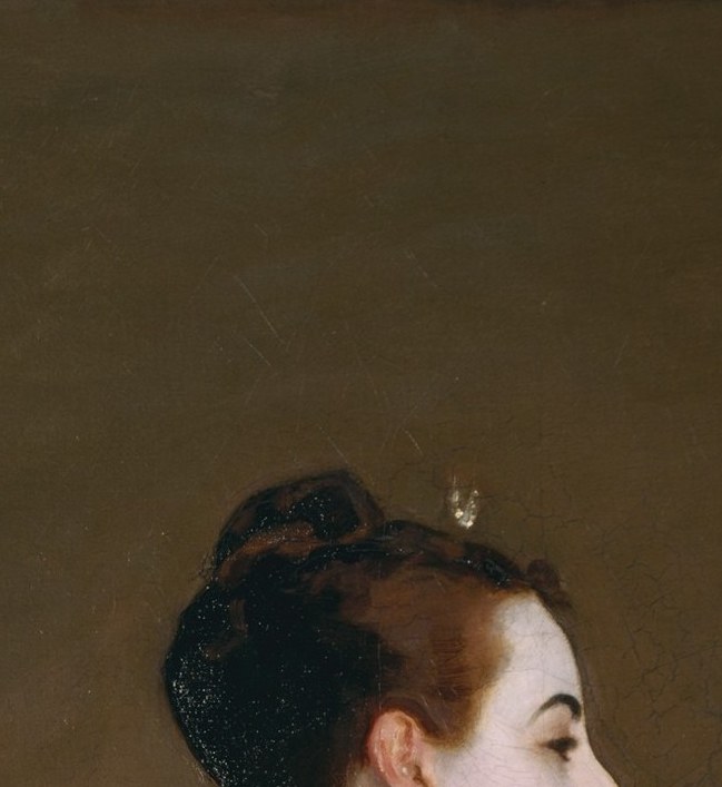 Immaculately formal coiffure that bares the entire neck and emphasizes her aristocratic silhouette against the warm background