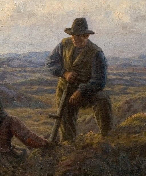 A man and woman rest on the vast, quiet heathland.