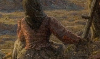 Her vibrant red sleeve adds a touch of color to the muted scene.