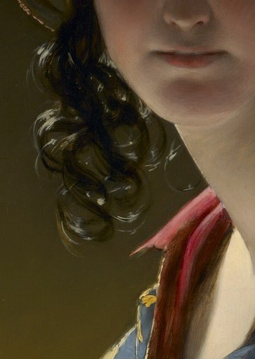 Look at her serene, dark-curled hair.