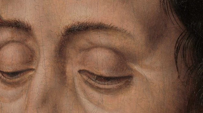 The closed eyelids suggest a transition, perhaps to the afterlife, adding a layer of spiritual contemplation.