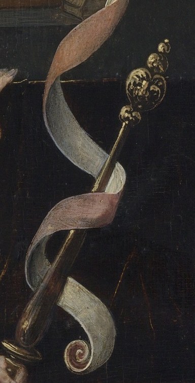Gabriel holds a scepter, symbolizing divine authority.