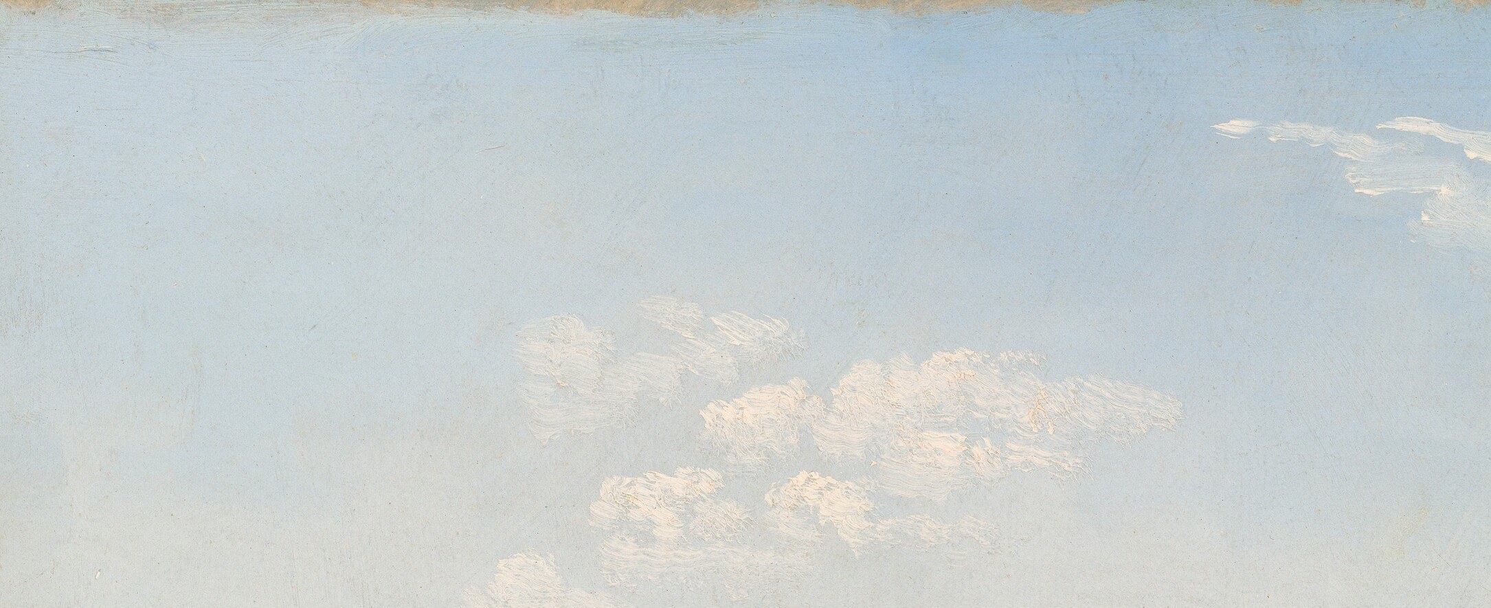 The unbroken cerulean expanse contrasts with the cloud mass; Denis uses this negative space to establish daylight brightness and set the painting's tranquil mood.