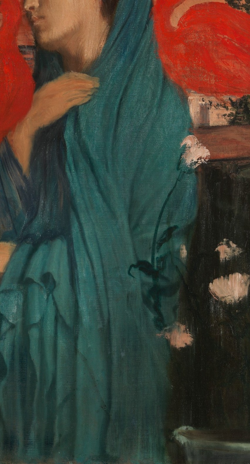 The flowing fabric creates a sense of gentle movement and envelops the figure, contributing to the overall mood.