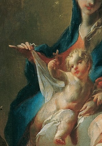 The fluid brushwork and delicate drapery show Rococo influence.