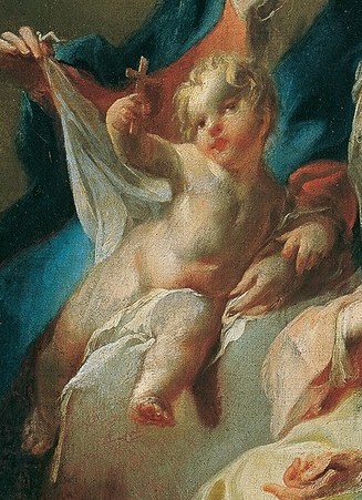 His cherubic form and direct gaze convey innocence and divine presence.