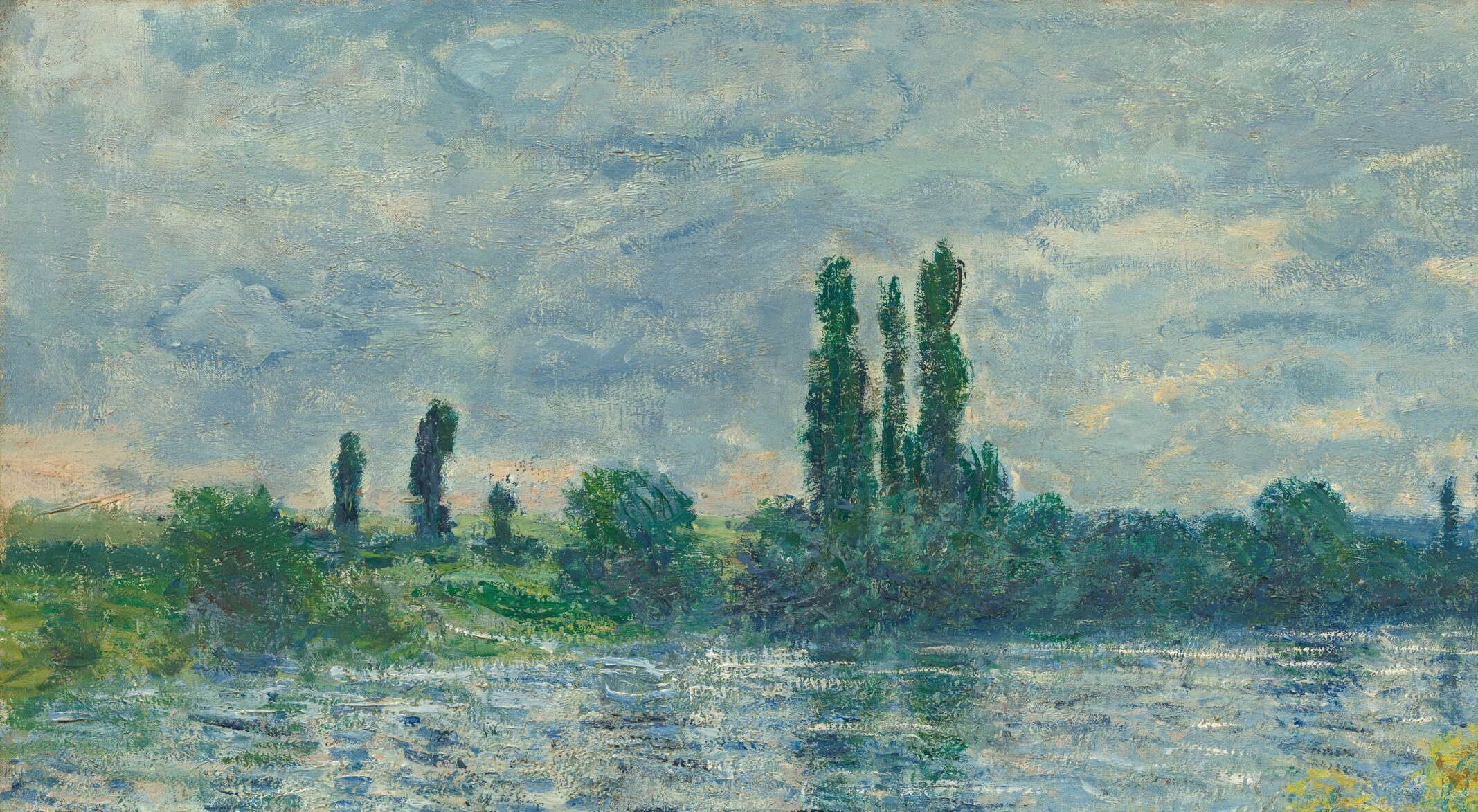 The branches dominate the upper left, creating a sense of enclosure and framing the view of the river.