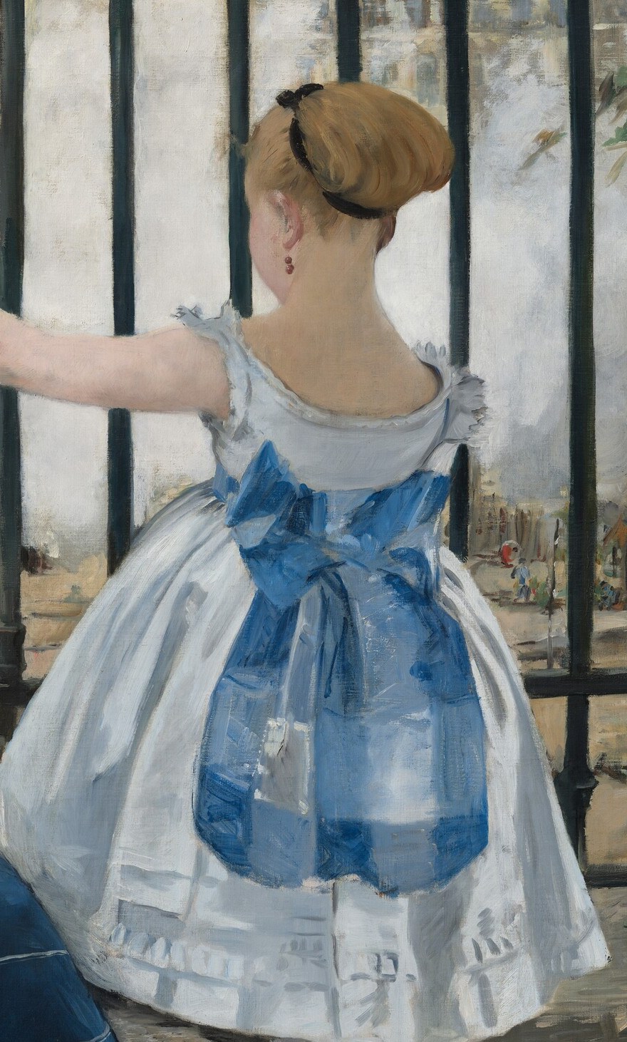 Her turned back is a bold compositional choice , we are denied her expression, forced to imagine what she sees; mirrors the viewer's own curiosity