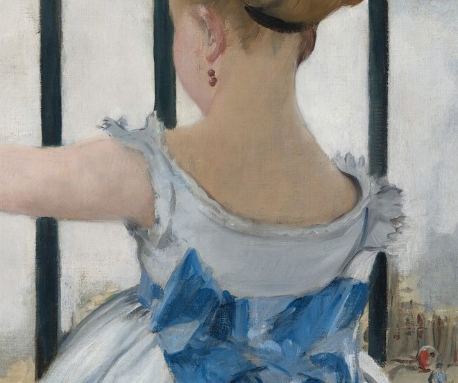 Vivid spot of colour in an otherwise muted palette; Manet's confident brushwork is most visible here
