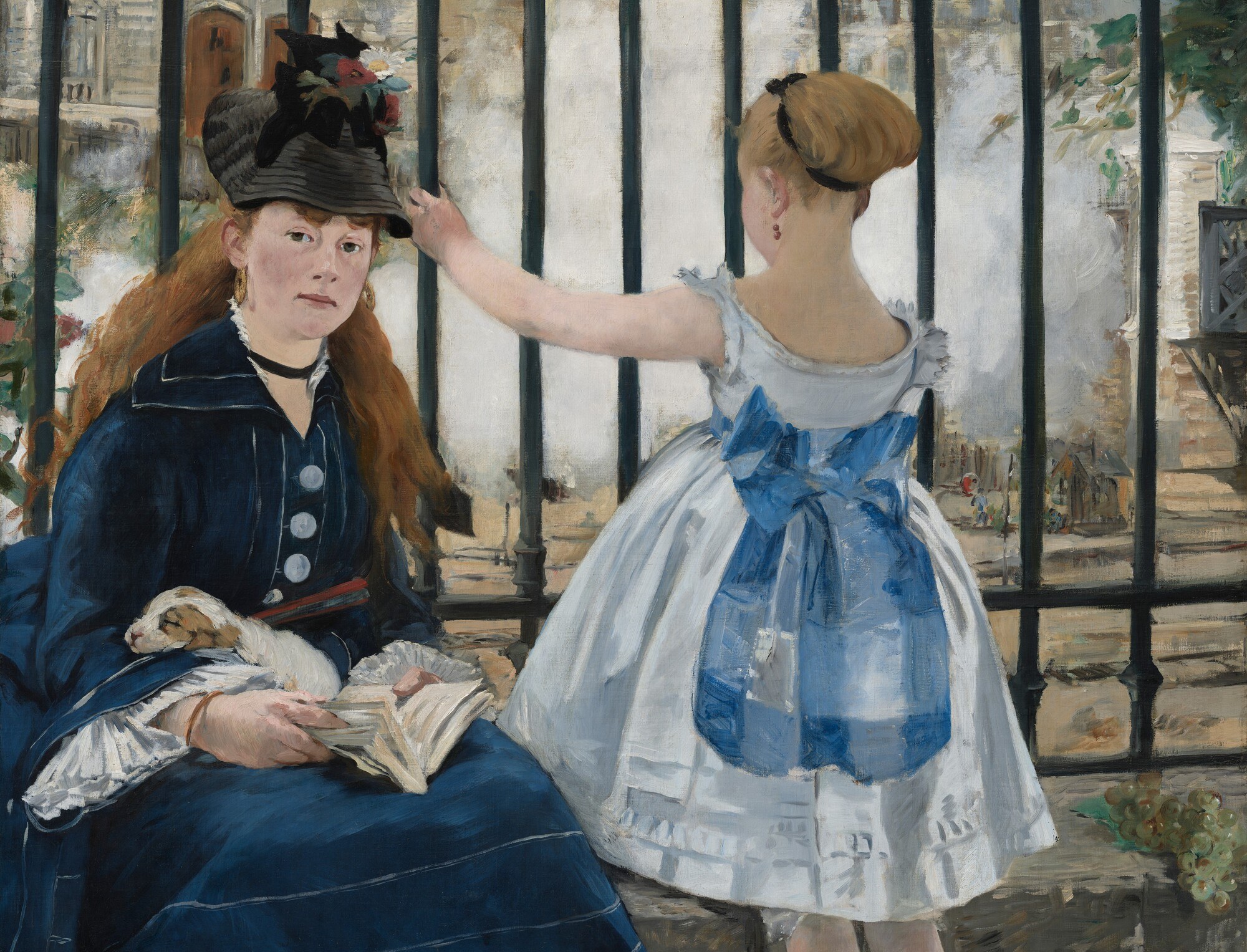 The grid of bars creates a barrier between viewer and scene , we too are locked out, observing modern Paris through iron