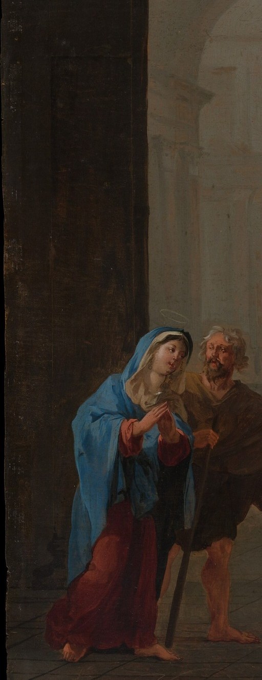 Her vivid blue mantle and forward-leaning posture signal the anxious parent who has been searching three days , a narrative anchor that frames the entire scene as discovery rather than discourse.