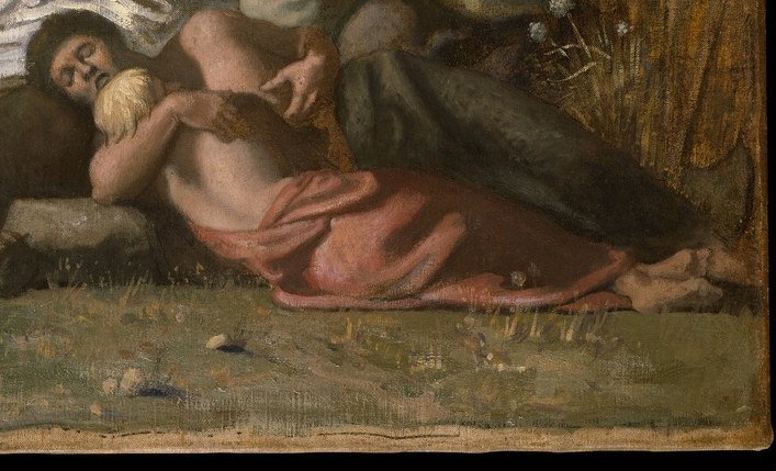 Most figures are deeply asleep, some covered lightly.