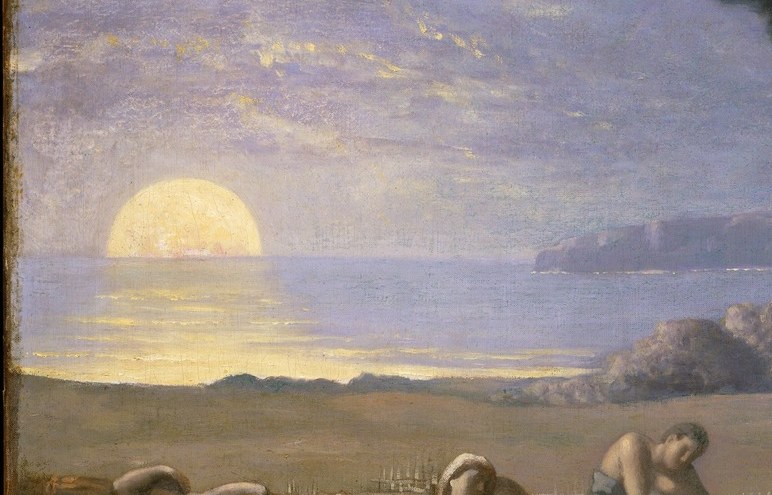The setting sun creates a tranquil, dreamlike atmosphere.