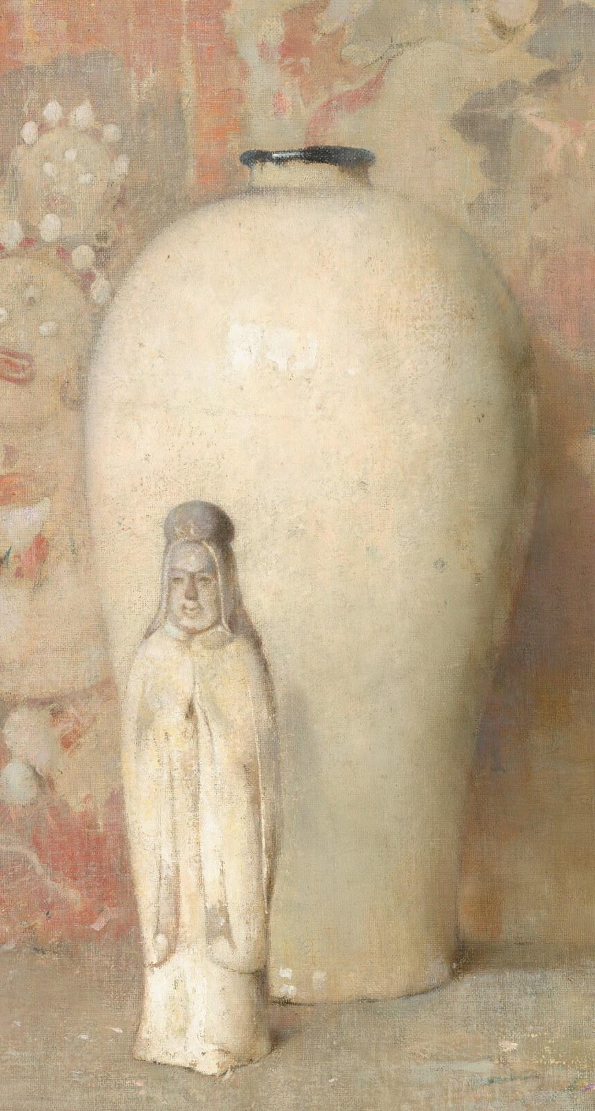 Here, a large vase dominates the foreground.