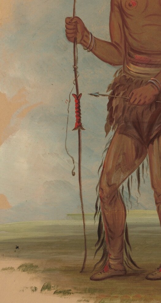 This man wears a feathered headdress and holds a bow.