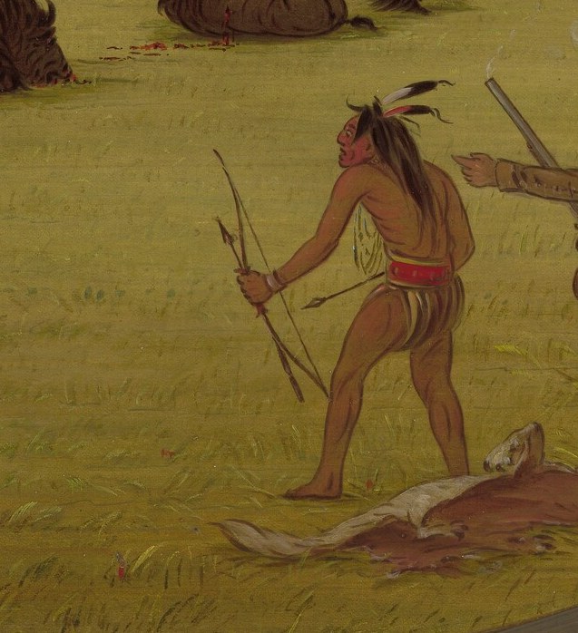It shows a Native American hunter, poised with his bow.
