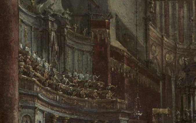 Look closely at the upper gallery, high above the ceremony.