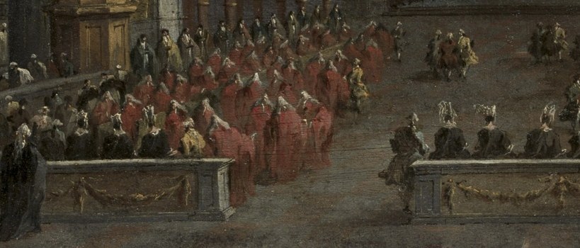 A sea of red robes indicates a large group of clergy or dignitaries, creating a sense of solemnity and scale.