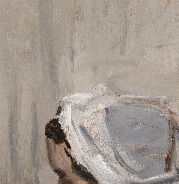 She wears a proper day dress and a white indoor bonnet.
