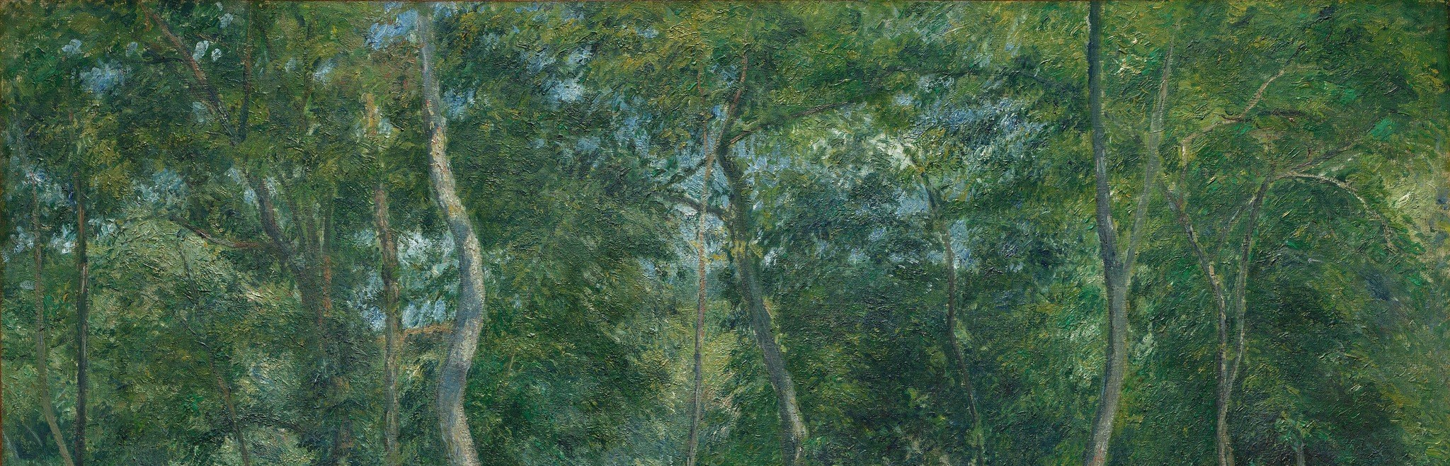Pissarro's broken brushwork is most legible here; individual dabs of green, blue-green and yellow-green mosaic together to suggest light filtering through leaves rather than describing any single leaf.