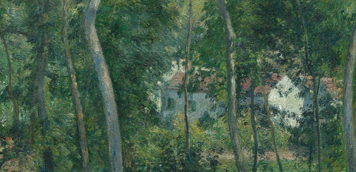 This passage demonstrates Pissarro's atmospheric depth: colour grows cooler and less saturated with each receding plane, creating convincing aerial perspective entirely through hue rather than line.
