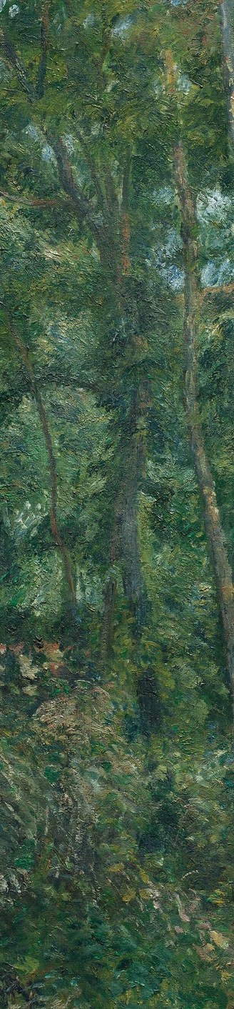 Paired with the first trunk it creates a natural frame, a Barbizon device Pissarro inherited and re-deployed with Impressionist looseness.