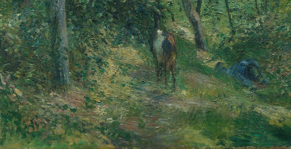 The warmest, lightest zone of the forest floor; the soft ochre-green suggests dappled sunlight reaching the ground, giving spatial depth and a sense of midday calm.