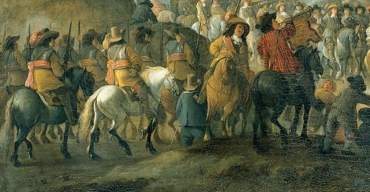 A procession of mounted soldiers escorts the king.