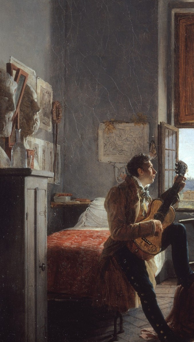 The main subject: a young artist in a brown jacket, left leg crossed, holding a guitar , the pose communicates both leisure and creative contemplation