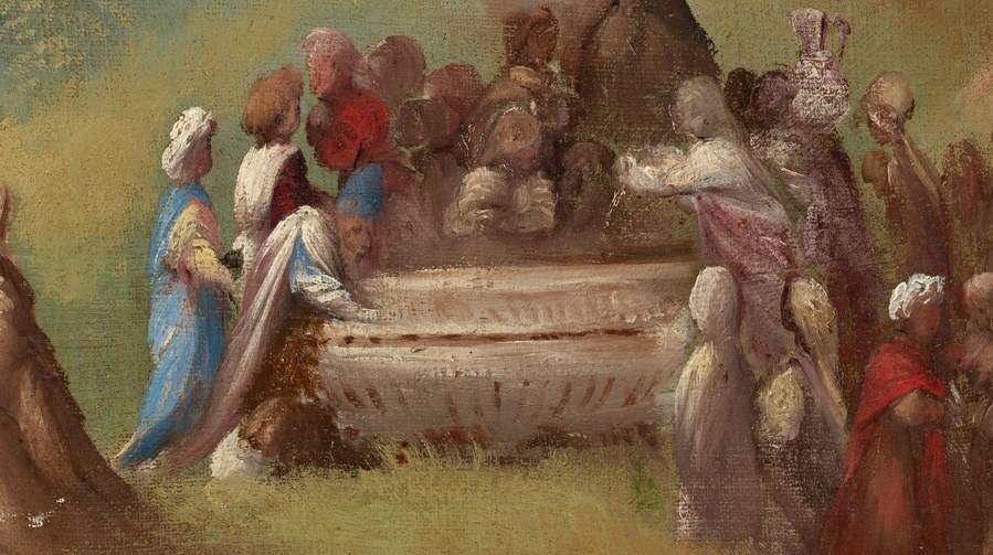 They carry a coffin, honoring Anchises's grave.